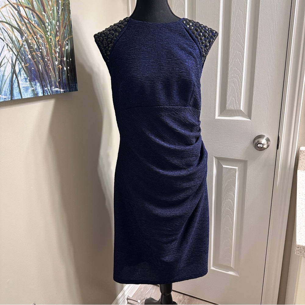 Xscape Navy Beaded Cap-Sleeve Midi Dress